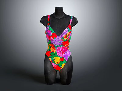 Colorful Floral Pattern One Piece Swimsuit With Spaghetti Straps For Beach Wear 3d model