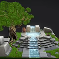 Cartoon Scene Featuring Large Tree Waterfall Stone Steps Clay Pots And Pool 3d model