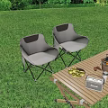 White Foldable Outdoor Chairs With Gray Accents On Lawn And Wooden Table With Fruits
