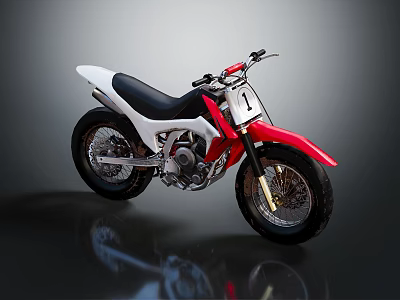 Red and White Off Road Motorcycle With Black Seat And Metallic Parts On Grey Background 3d model