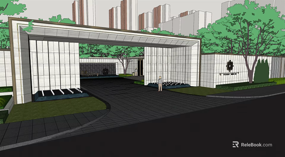 Modern Sales Center Building with White Facade Entrance Portico and Landscaping in Urban Setting 3d model 