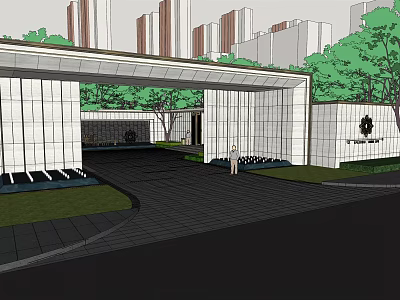 Modern Sales Center Building with White Facade Entrance Portico and Landscaping in Urban Setting 3d model