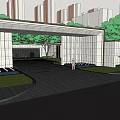 Modern Sales Center Building with White Facade Entrance Portico and Landscaping in Urban Setting