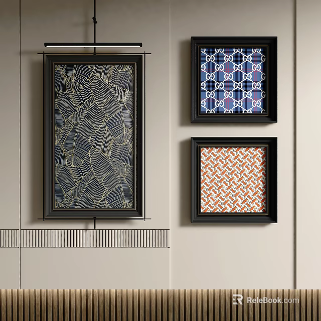 Three Wall Mounted Abstract Paintings With Dark Background Golden Lines Blue And Orange Geometric Patterns 3d model 