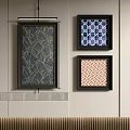 Three Wall Mounted Abstract Paintings With Dark Background Golden Lines Blue And Orange Geometric Patterns