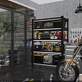 Organized Garage Space With Black Metal Shelving Tools Storage Bins Tires And Motorcycle
