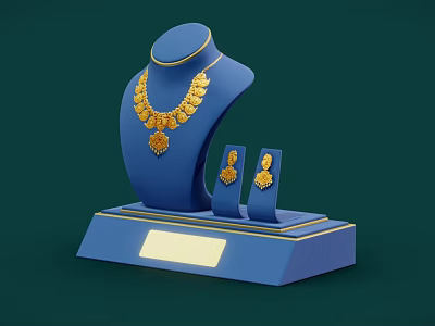 Elegant Gold Jewelry Set with Necklace and Earrings on Blue Display Stand Dark Green Background 3d model