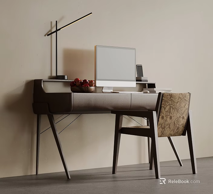 Modern Minimalist Home Office Desk With Computer Lamp Fruit Bowl And Comfortable Patterned Upholstered Chair 3d model 