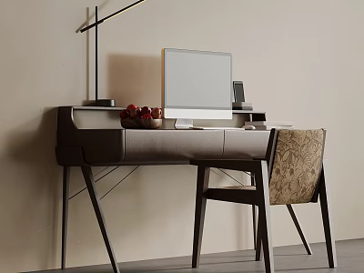 Modern Minimalist Home Office Desk With Computer Lamp Fruit Bowl And Comfortable Patterned Upholstered Chair 3d model