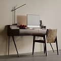 Modern Minimalist Home Office Desk With Computer Lamp Fruit Bowl And Comfortable Patterned Upholstered Chair