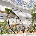 Modern Shopping Mall Exhibition Hall Interior With Spiral Staircase Green Plants And Water Pool