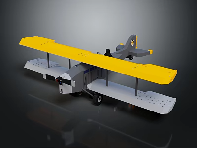 Detailed Vintage Biplane Model With Yellow Wings Gray Fuselage And Floats 3d model
