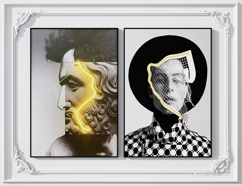Portrait Artworks Featuring Sculpture Head And Female Portrait With Checkered Backdrop In White Patterned Frame 3d model 