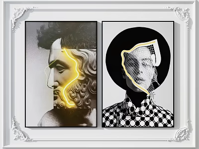 Portrait Artworks Featuring Sculpture Head And Female Portrait With Checkered Backdrop In White Patterned Frame 3d model