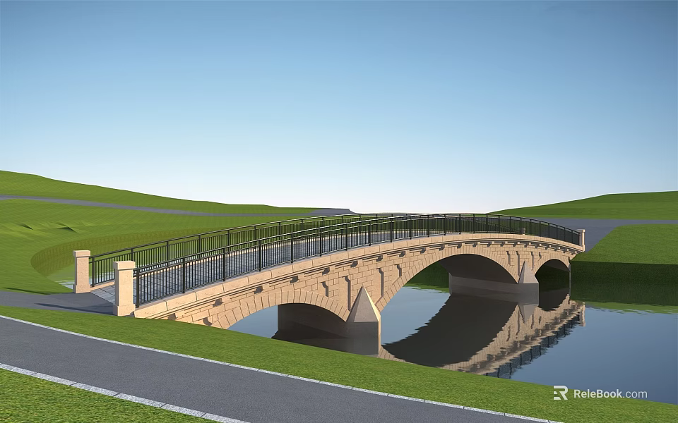 Stone Arch Bridge With Black Railings Over Water In Green Grassland With Blue Sky 3d model 