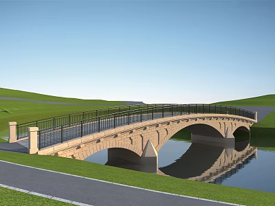 Stone Arch Bridge With Black Railings Over Water In Green Grassland With Blue Sky 3d model