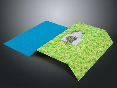 Green Grass Lawn With Small House Model And Adjacent Blue Patch 3d model