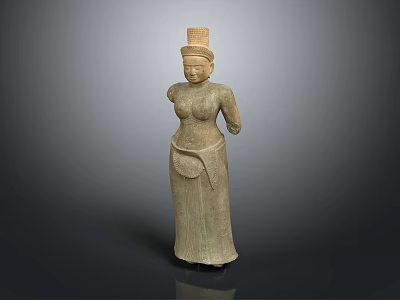 Traditional Female Sculpture Carving With Ornate Headdress Long Robe And Standing Pose 3d model