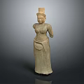 Traditional Female Sculpture Carving With Ornate Headdress Long Robe And Standing Pose