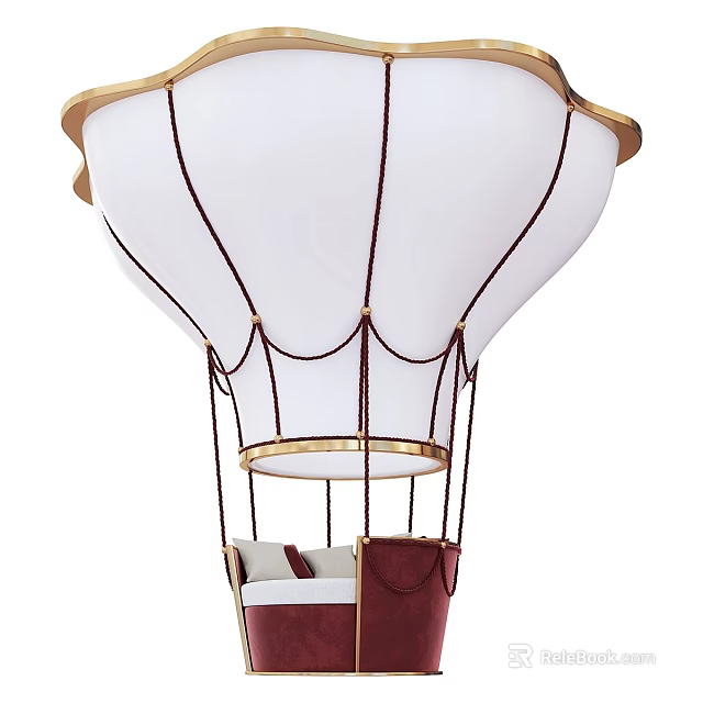 Hot Air Balloon Shaped Children's Bed With White Balloon Golden Edges And Red Basket 3d model 