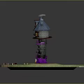 Magical Tower Structure With Round Grass Base Water Pond Wooden Bridge And Cloud Decoration