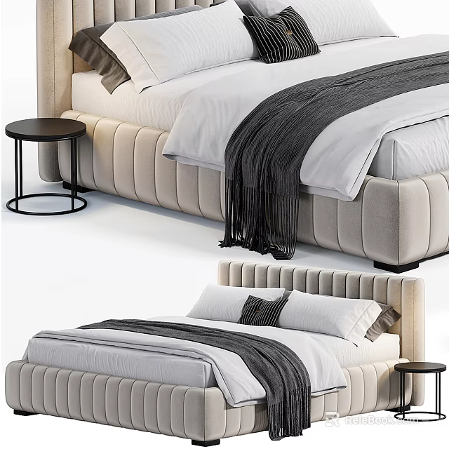 Tufted Beige Upholstered Double Bed with White Sheets Black Blanket and Round Nightstand 3d model 