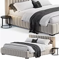 Tufted Beige Upholstered Double Bed with White Sheets Black Blanket and Round Nightstand