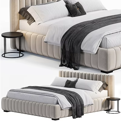 Tufted Beige Upholstered Double Bed with White Sheets Black Blanket and Round Nightstand 3d model