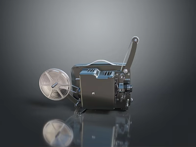 Vintage Computer With Tape Reel Storage And Black Metal Body On Smooth Reflective Surface 3d model