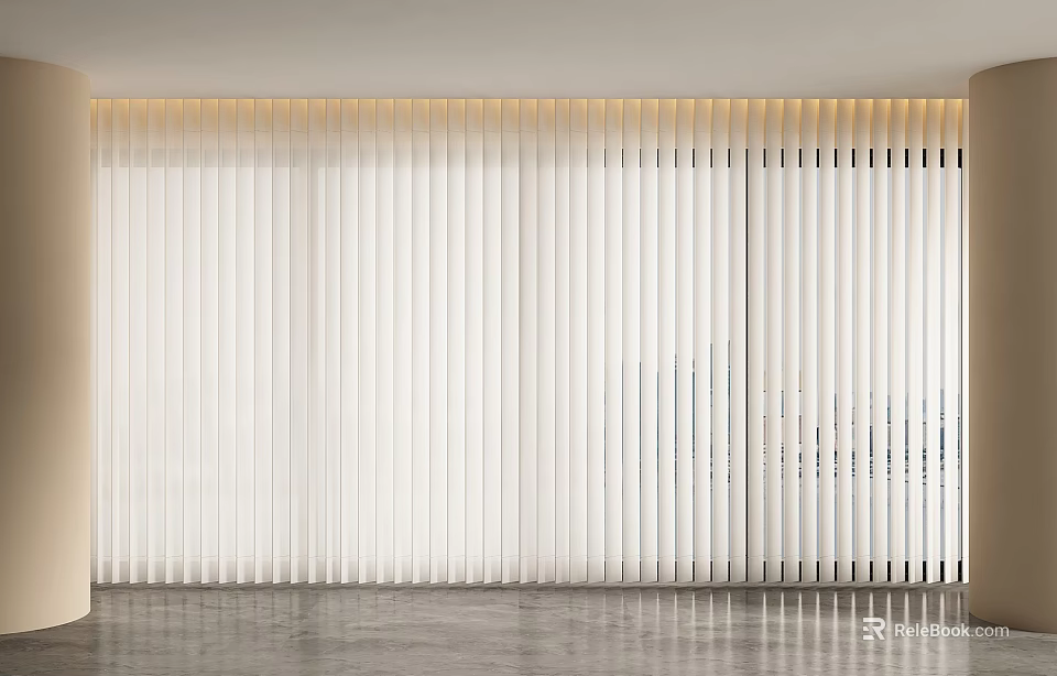 White Vertical Blinds Covering Large Window In Modern Interior Space With Light Filtering 3d model 