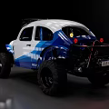 Modified Volkswagen Beetle With Blue White Paint Large Off Road Tires And Koomoe Branding