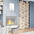 Modern Fireplace Interior With Burning Flames Marble Base And Wood Stack On Dark Wall 3d model