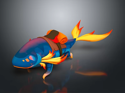 Vibrant Fantasy Fish Creature Featuring Blue Purple Body Orange Flame Tail And Saddle 3d model
