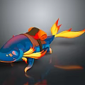 Vibrant Fantasy Fish Creature Featuring Blue Purple Body Orange Flame Tail And Saddle