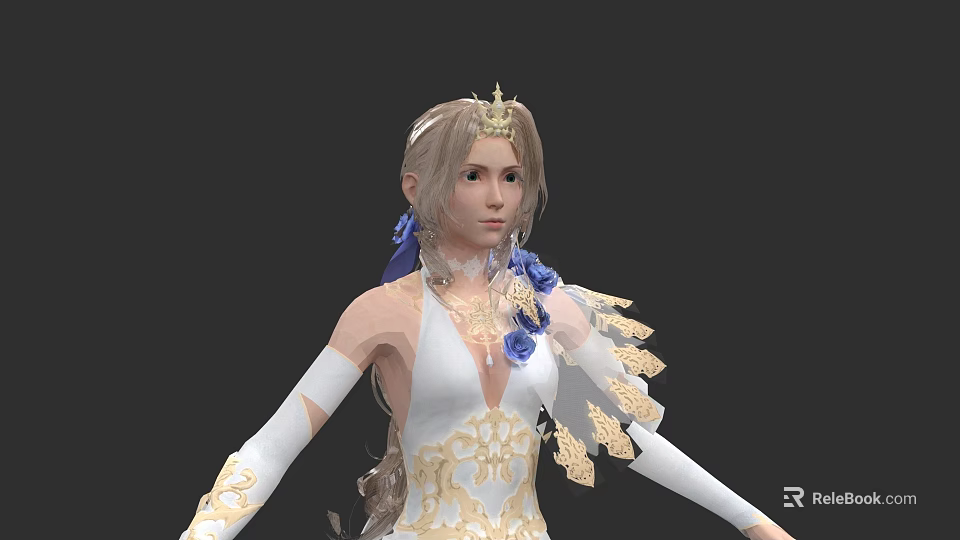 Elegant White Dress With Golden Patterns Blue Flowers And Long Sleeves 3d model 