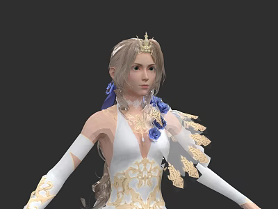Elegant White Dress With Golden Patterns Blue Flowers And Long Sleeves 3d model