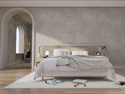 Modern Bedroom Interior Design With Gray Walls Wooden Headboard Light Bedding Table Lamps And Area Rug 3d model