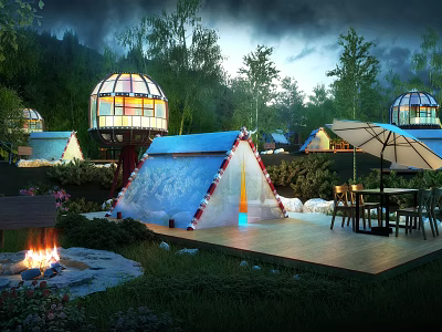 Tranquil Garden Landscape Featuring Tents Fire Pit Glass Domes And Outdoor Dining Area 3d model