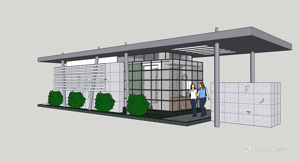 Modern Entrance Gate Design With Glass Structure Green Shrubs Canopy And People Standing At Entrance 3d model 