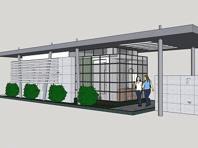 Modern Entrance Gate Design With Glass Structure Green Shrubs Canopy And People Standing At Entrance 3d model