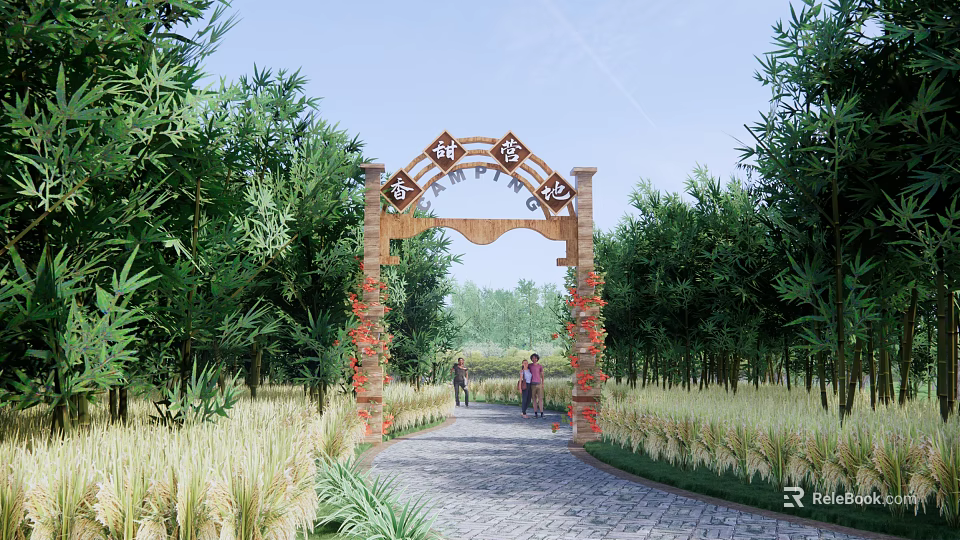 Traditional Memorial Archway Surrounded by Green Trees with Red Flower Decorations and Stone Path 3d model 