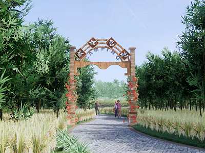 Traditional Memorial Archway Surrounded by Green Trees with Red Flower Decorations and Stone Path 3d model