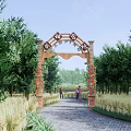 Traditional Memorial Archway Surrounded by Green Trees with Red Flower Decorations and Stone Path