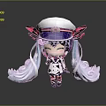 Cute Cartoon Creature Character With White Hat Red Bow And Blue Purple Hair