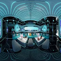 Futuristic Modern KTV Interior With Blue Lighting Sofas TV Screens And Chandeliers