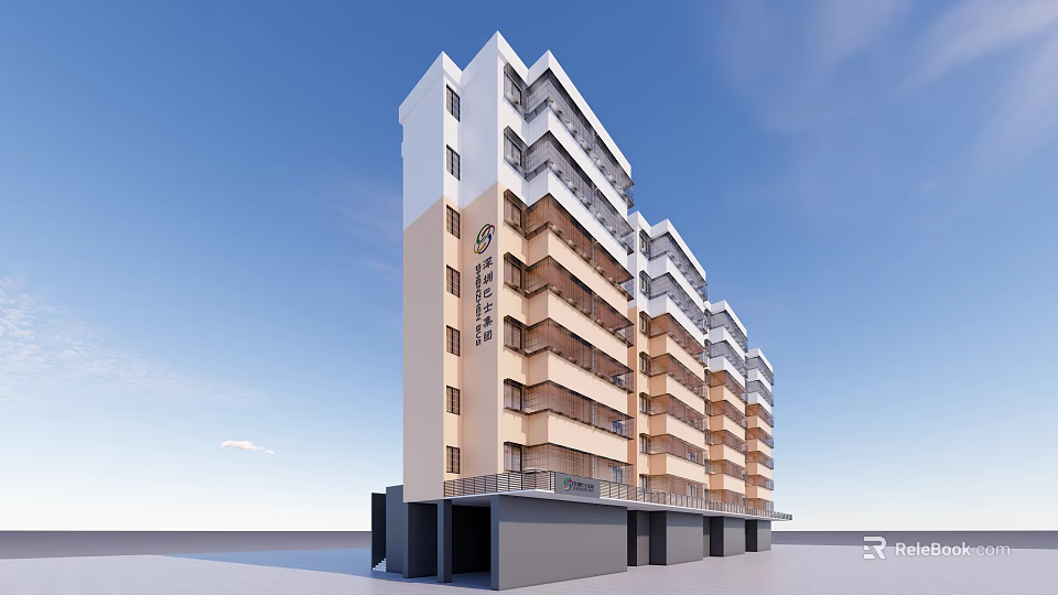 Modern Residential Building Exterior Design With Beige Facade Multiple Floors And Balconies 3d model 