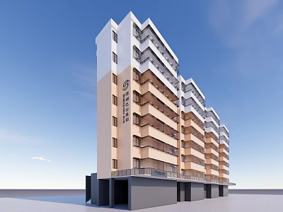 Modern Residential Building Exterior Design With Beige Facade Multiple Floors And Balconies 3d model