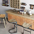 Bar Counter Interior Design With White Brick Wall Grid Shelf Bar Stools And Decor Items 3d model