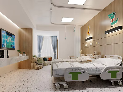 Modern Hospital Room Interior With Medical Bed TV Sofa And Wooden Wall Decor 3d model