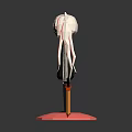 Woman with White Hair Cat Ears in Black Dress on Pink Base with Orange Sword